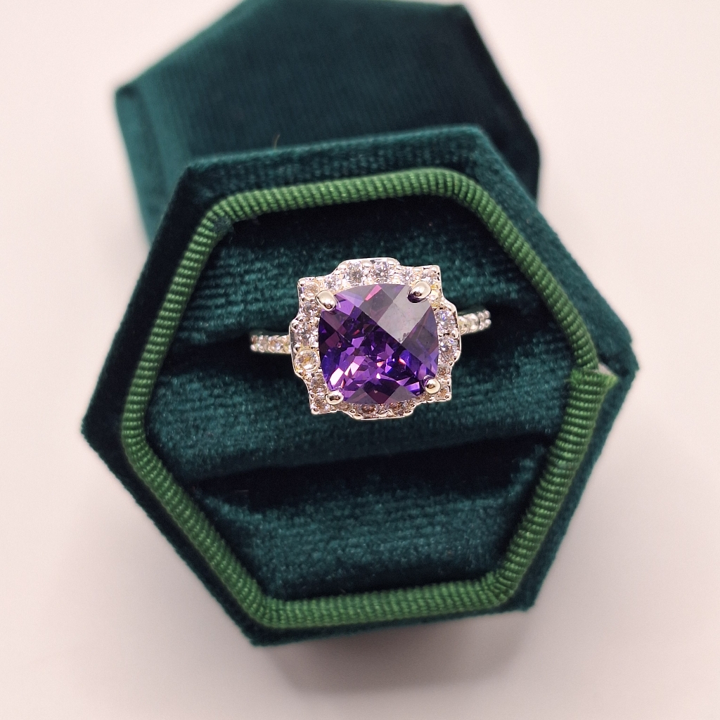 Swarovski Crystal Ring Size 7 | Deep Purple Cushion Cut Halo Ring | Statement